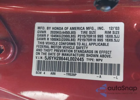 2004 Honda Element Ex from USA, damaged, VIN 5J6YH28644L002445